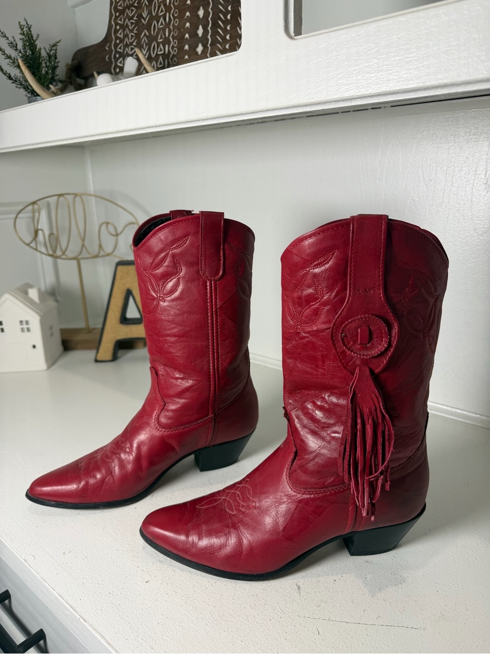 Vintage Laredo Womens 7.5 Red Leather Cowboy Boots Tassel Western